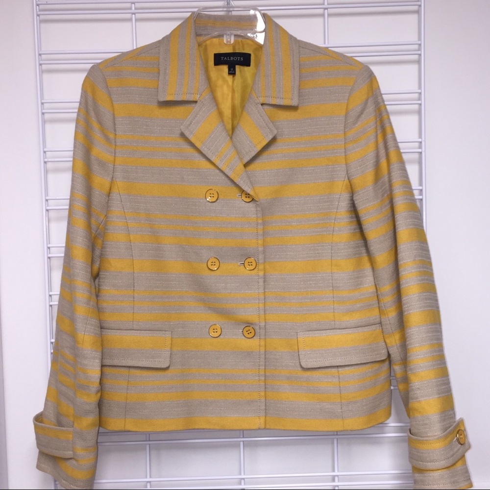 Talbots Yellow/Beige Striped Cotton/Linen Fully Lined Jacket, Sz 12 w/Pockets